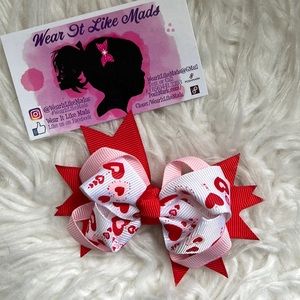 Boutique Wear It Like Mads Handmade Hearts Red Pink & White Clip on Hair Bow